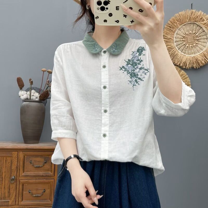 【Source Factory】2026 Artistic Style Fresh Color-Block Small Green Collar Embroidered Shirt Breathable Skin-Friendly Blouse