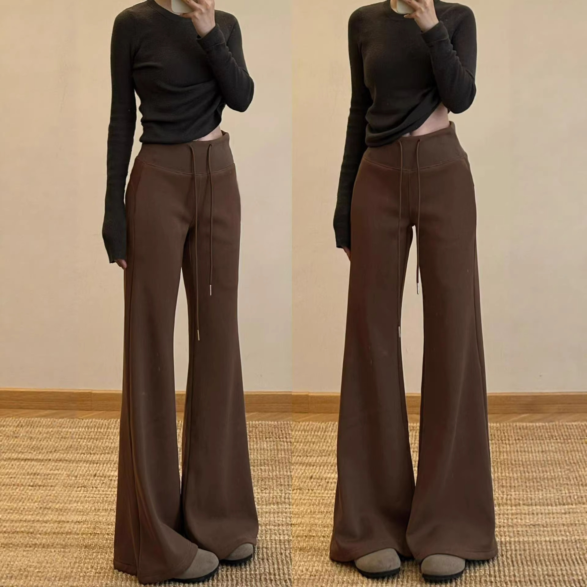 Brown Flared Sports Pants for Women, Autumn and Winter 2026 New High-Waisted Slimming Bell-Bottom Pants for Petite Figures, Casual Sweatpants