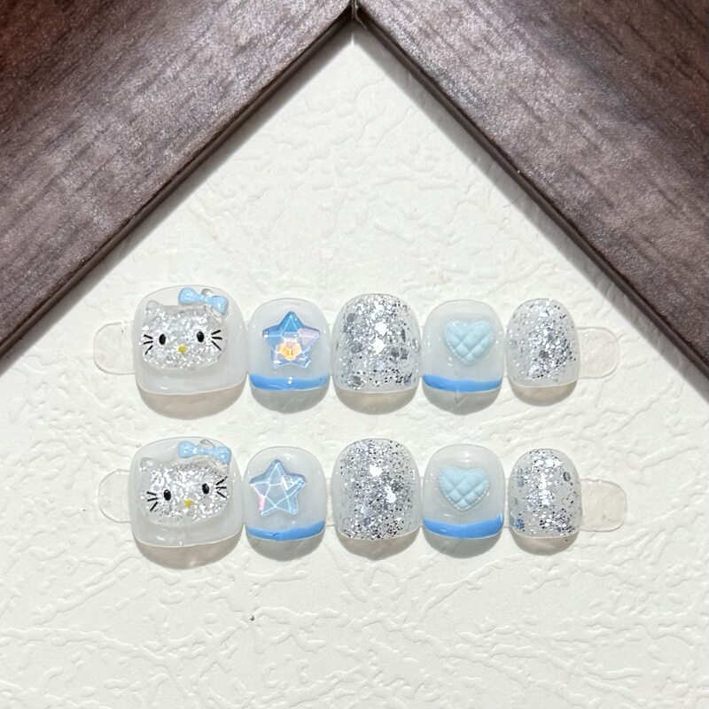 Children's Handmade Wearable Nails, Stereo Cute Flashing Cat Manicure Cartoon Patches, Handmade Nails Removable