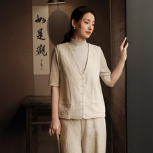鹿与安笛2026春季新款棉麻女装马甲女新中式苎麻复古国风外穿背心