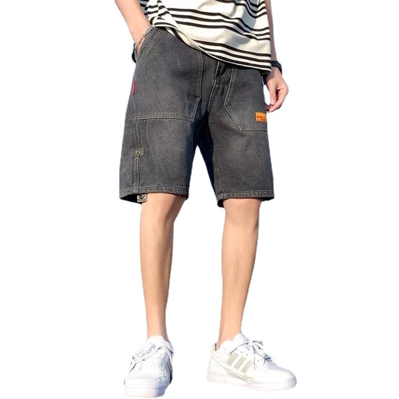 Pantalones cortos de mezclilla de comercio exterior para hombre, novedad de verano, estilo coreano, marca de moda, cintura semielástica, pantalones de cinco cuartos rizados con botones sueltos de talla grande