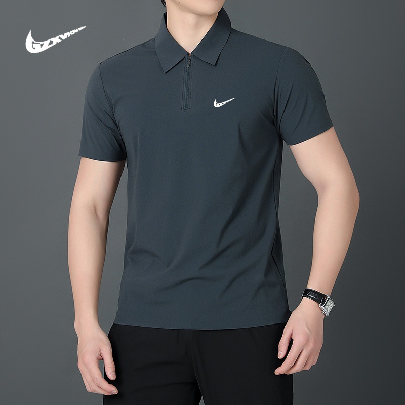 Summer new men's lapel breathable quick-drying ice silk half zipper short sleeve business casual sports stretch polo shirt