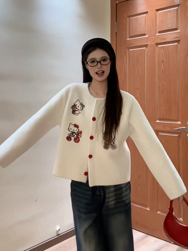 韩系甜美穿搭卡通Kitty猫针织开衫女2025秋新款慵懒软糯针织上衣|undefined