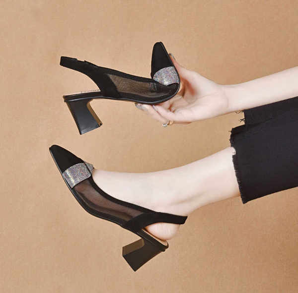 Giày cao gót nữ mũi nhọn da thật phối lưới đính đá, gót 5 cm — Gót dày màu đen-5 cm
