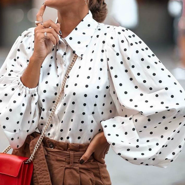 Spot 2024, европейская и американская мода, стиль, лацкан в горошек, свободная шифоновая рубашка с рукавами-фонариками, женская рубашка с длинными рукавами, модная и универсальная