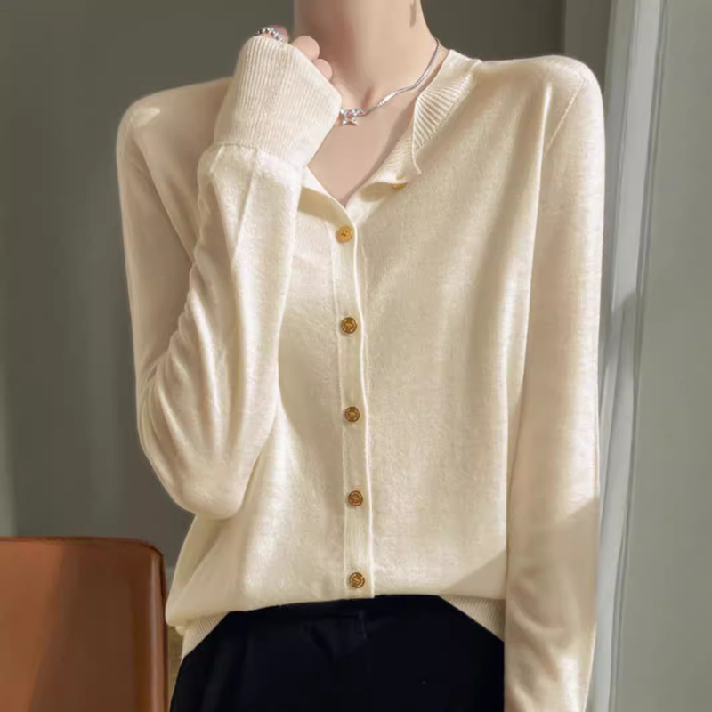 Autumn Commuter Business Pure Color Versatile Buttoned Round Neck Worsted Wool Knitwear Thin Women's Cardigan Fine Wool