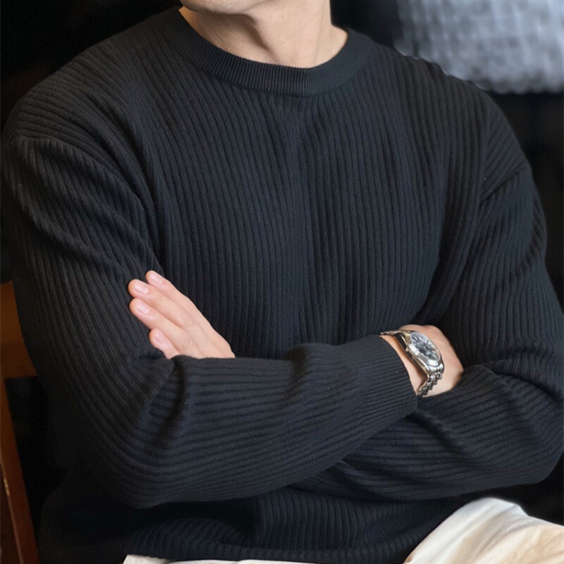 美式复古竖条纹圆领宽松针织衫打底男士休闲长袖T恤毛衣秋冬季|undefined
