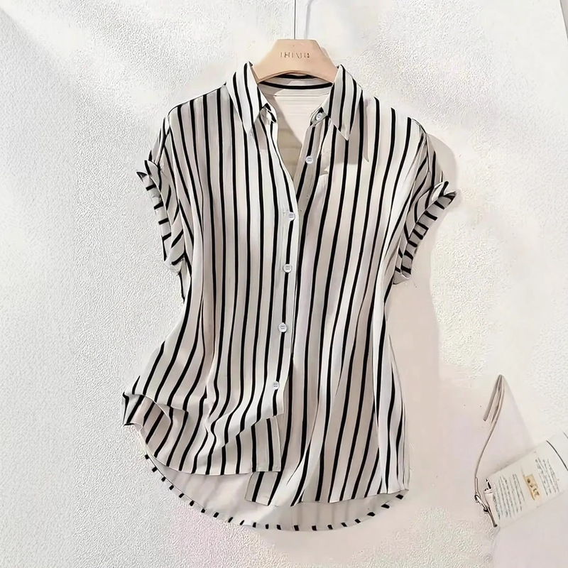 Cross-Border Amazon Supply 2026 Summer New European and American Style Fashion Mixed Striped Shirt Short-Sleeved Top Shirt for Women Cross-Border Amazon Supply 2026 Summer New European and American Style Fashion Mixed Striped Shirt Short-Sleeved Top Shirt for Women
