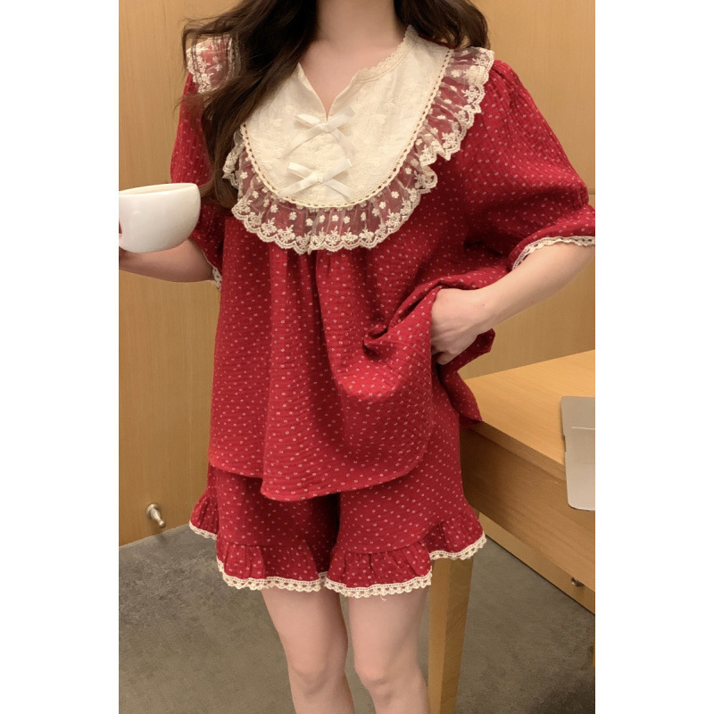 韓国版甘い王女風重工刺繍レース綿糸半袖半ズボン部屋服|undefined