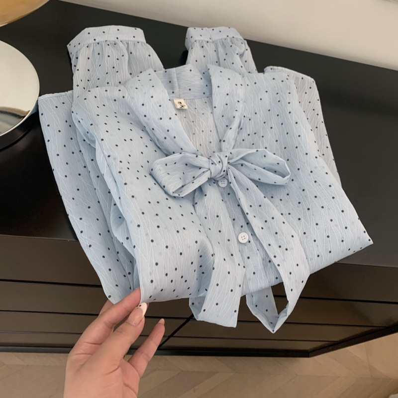 French Style Light Mature Bow Blue Polar Dot Chiffon Shirt Women's Spring and Summer 2025 Small Elegant Long-sleeved Top