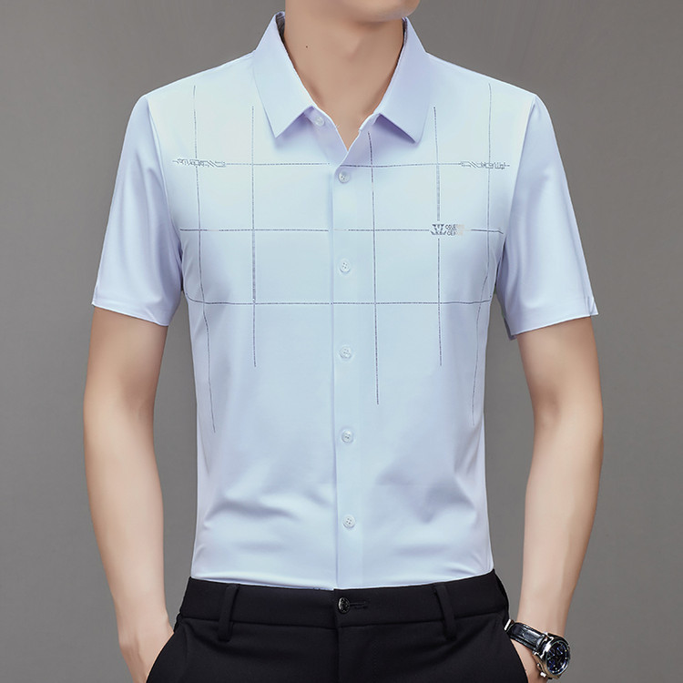 Cross-Border Popular Ice Silk Shirt for Men, Short-Sleeved, Seamless, Fashionable, Casual, Wrinkle-Free, Stretchy, Thin Style, Middle-Aged Men's Shirt