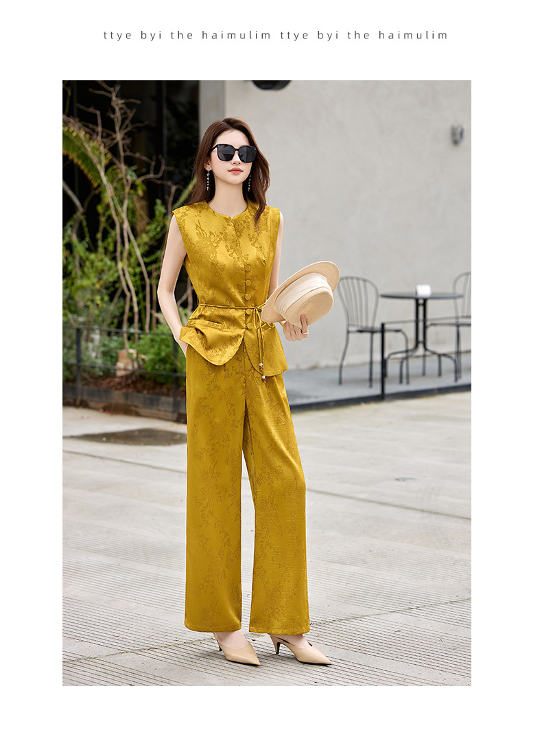 Bộ quần áo hai mảnh nữ phong cách tân cổ điển Trung Hoa – áo gile họa tiết jacquard kết hợp quần ống rộng — màu đen, màu trắng, màu vàng chi tiết 14