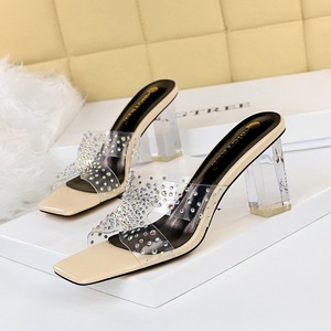 6016-3 han edition daily female fashion cool slippers with high transparent with square head peep-toe shining diamond fe