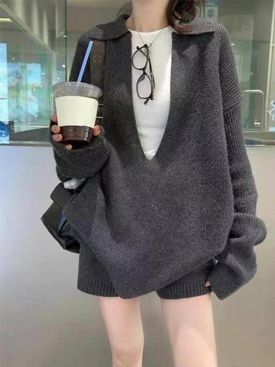 慵懒松弛v领女式毛衣套装2025秋冬新款宽松显瘦针织衫短裤两件套|undefined
