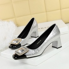 5299-K32 style banquet women's shoes with diamond buckle, thick heel, mid heel, shallow mouth splicing, square metal rhinestone buckle, single shoe