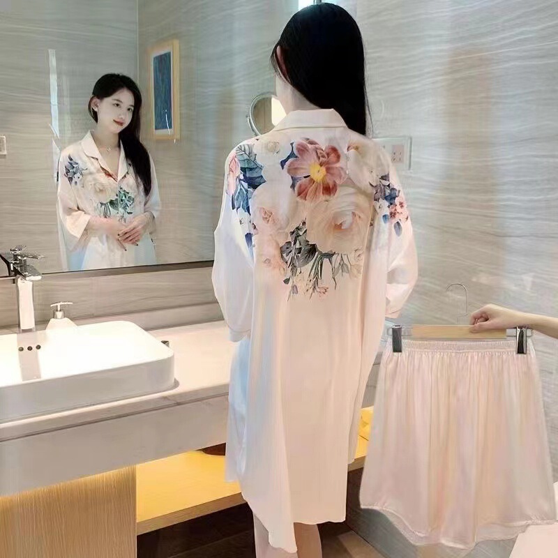 Popular Internet Celebrity Ice Silk Nightgown for Women New Short-Sleeved High-End Floral Large Size Shirt Dress Home Wear Versatile Suit