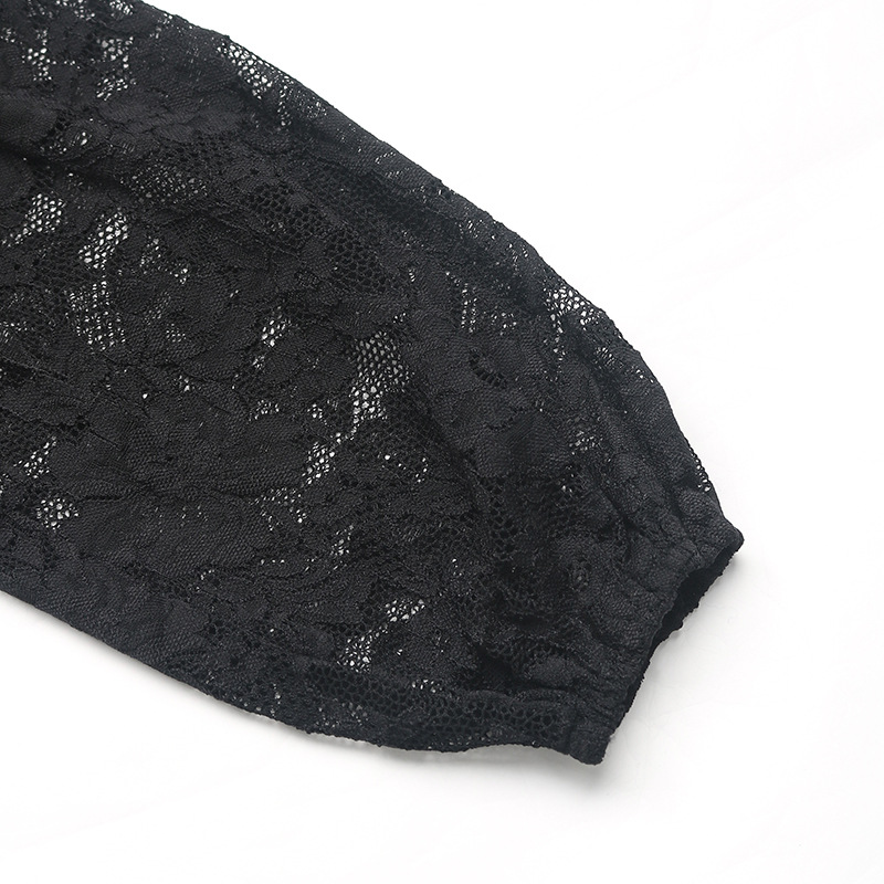 Tuta elegante nera in pizzo a maniche lunghe con inserti in mesh_voghion.com