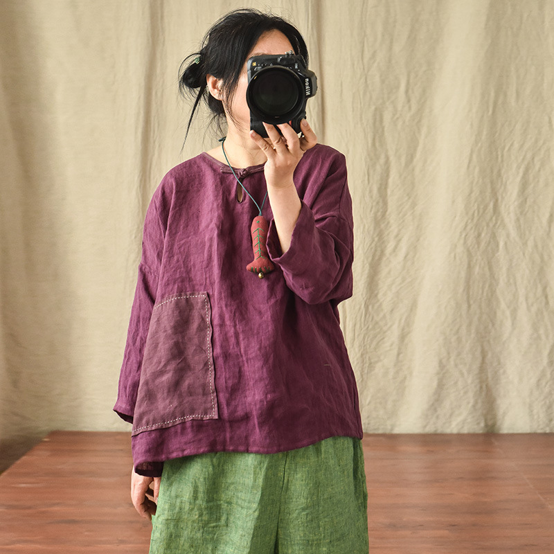 Journey/original plus size contrast color stitch patch top hand-stitched buckle round neck short sleeve artistic shirt