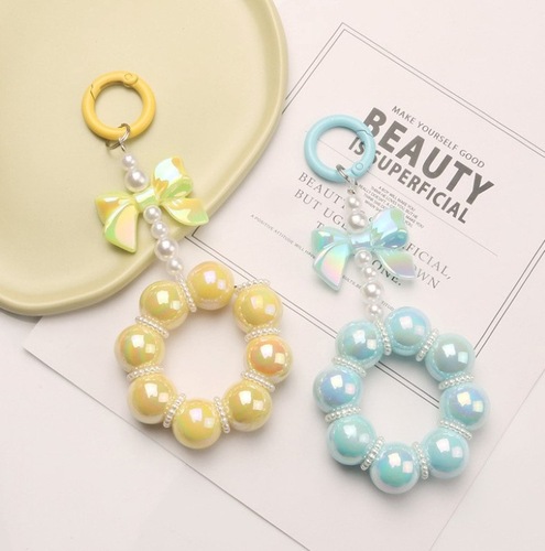 New electroplated bead butterfly knot car keychain pendant cute candy color painted ring pearl accessory package decoration
