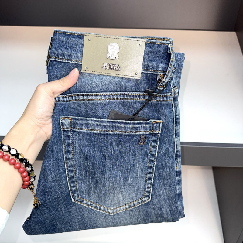 Libra Simple High-End European-Style Men's Jeans Slim Fit Stretch Light Blue Washed Slim Straight Men's Trousers