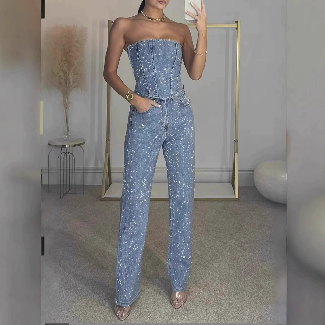 Jeans loose straight fit, American style, diamond-encrusted high-quality design, sizes S–L