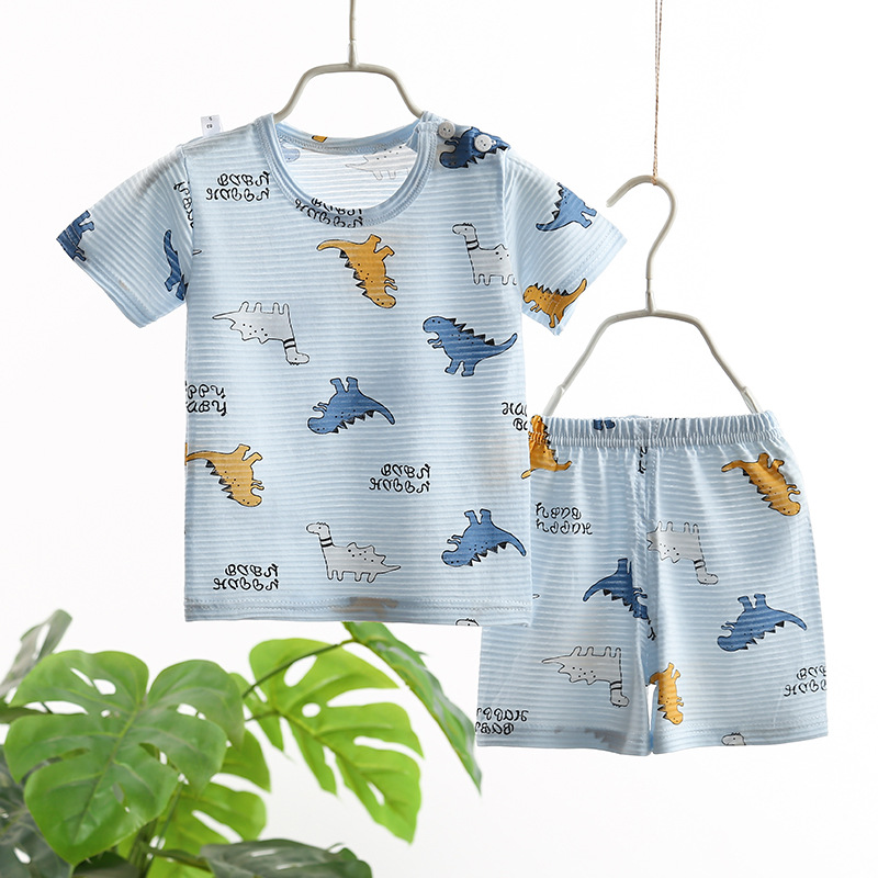 寶寶空調服2021新款夏季T恤短袖套裝男女童家居服透氣薄款代發