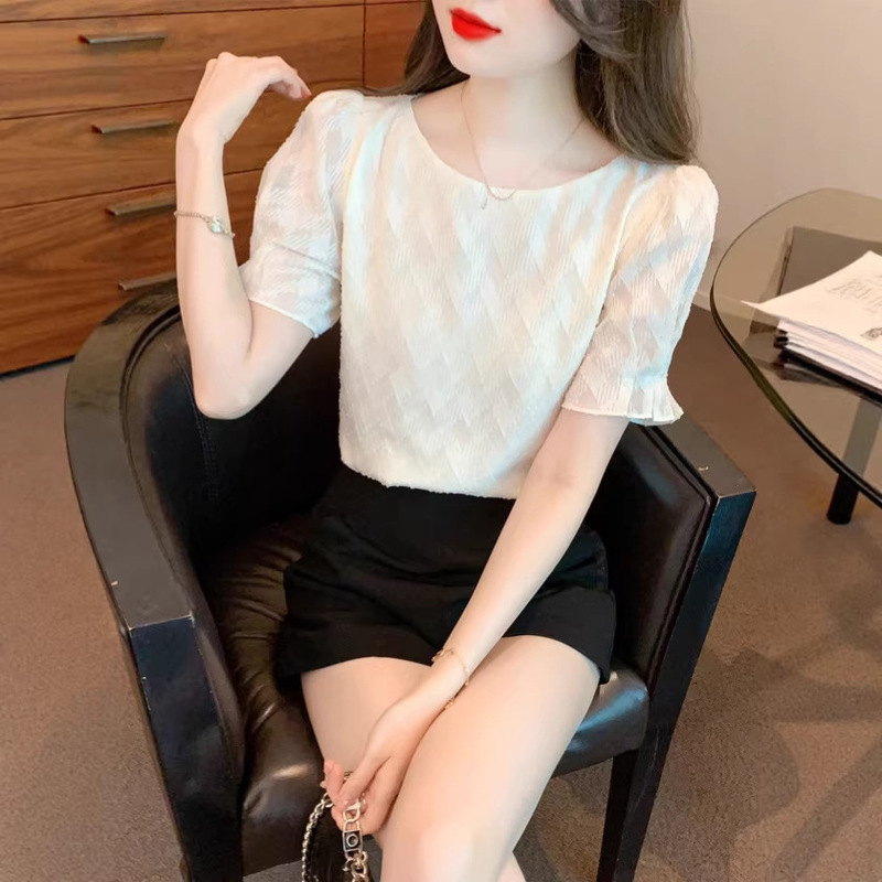 Brother's Boutique Quality Summer New Korean Fashion Slim-Fit Solid Color Simple Chiffon Short-Sleeve Top for Women