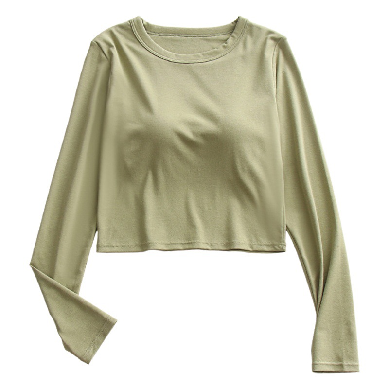 Women's round neck long sleeve short T-shirt with chest pad autumn modal cotton slimming bottoming shirt top