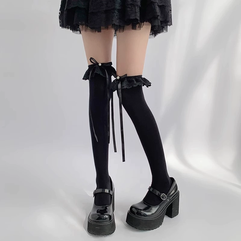 Набор лолитa: кружевные гольфы и повязка для волос, бантик, один размер, разная длина