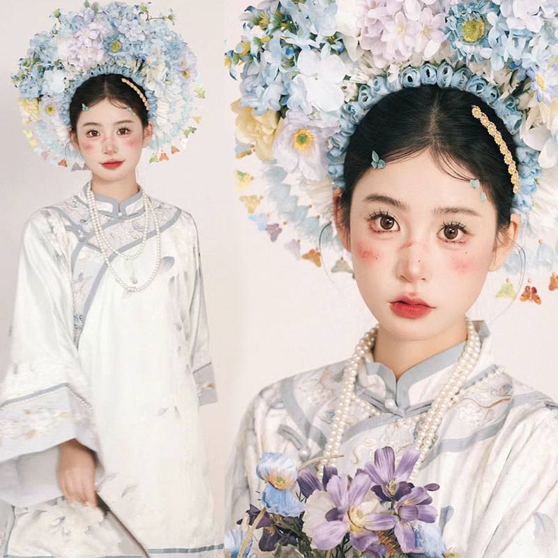 Photo Studio Pregnant Women's New Qinghan Fresh Women's Oblique Collar Long Shirt Skirt Embroidered Photography Portrait Hanfu Clothing