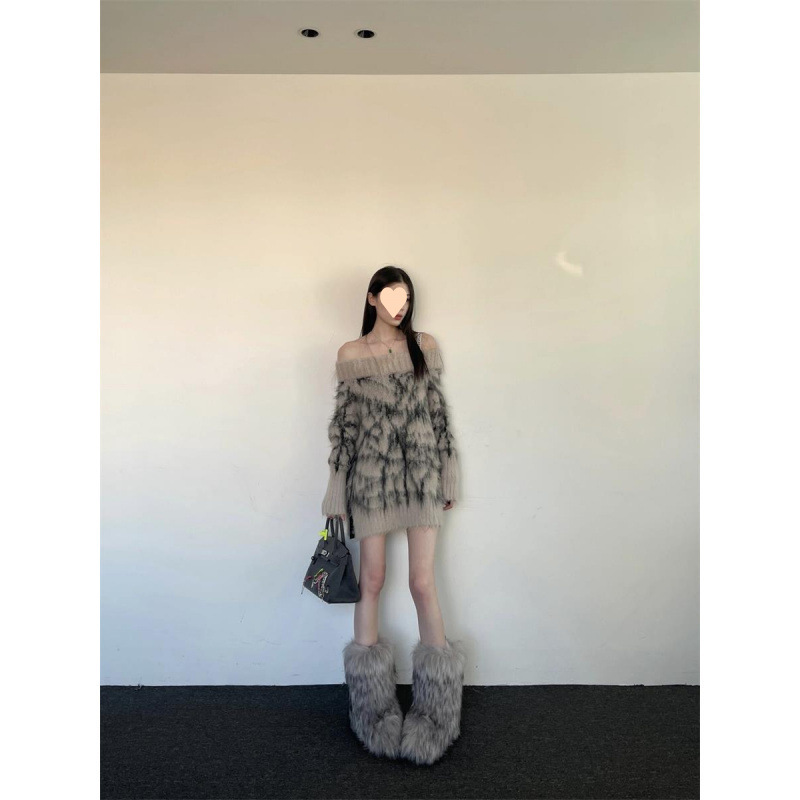 美式慵懶一字肩多種穿法秋冬新款保暖柔軟小眾設計感針織毛衣女潮