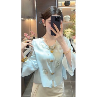 New Chinese Style National Style Embroidered Shirt Blue Top 2025 Spring and Summer New Style Western Style Shirt High-End Shirt