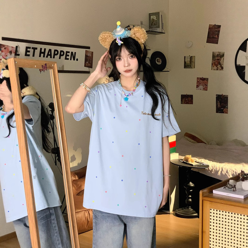 美式复古挂件小熊波点纯棉短袖t恤女夏2025新款小众设计情侣上衣|undefined
