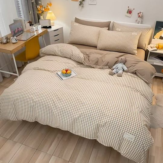 Ins-style Japanese-style Pure Washed Cotton Double Four-piece Set Class A Baby Cotton Plaid Quilt Cover Student Dormitory Three-piece Set