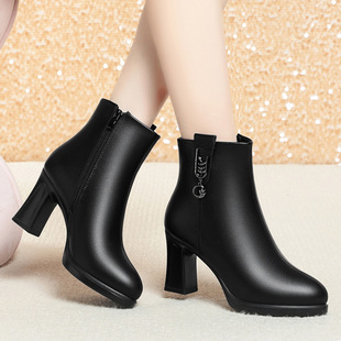 High heel short boots for women 2023 new autumn and winter leather shoes fleece-lined fashion boots short cotton-padded shoes mother shoes with skirt