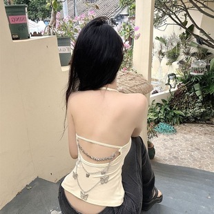 Sexy Chain Halter Neck Camisole for Women with Chest Pads, Vintage Style, Suitable for Wearing as an Inner or Outer Top, Short and Beautiful Back Design