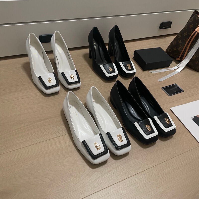 New stylish Chanel-inspired square-toed chunky-heeled high-heeled shoes, genuine leather with metal buckle, shallow-cut single shoes, versatile and elegant New stylish Chanel-inspired square-toed chunky-heeled high-heeled shoes, genuine leather with metal buckle, shallow-cut single shoes, versatile and elegant