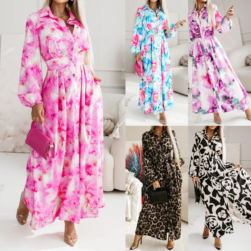 2026 Cross-border European and American elegant autumn new long-sleeve printed shirt collar casual tie dress