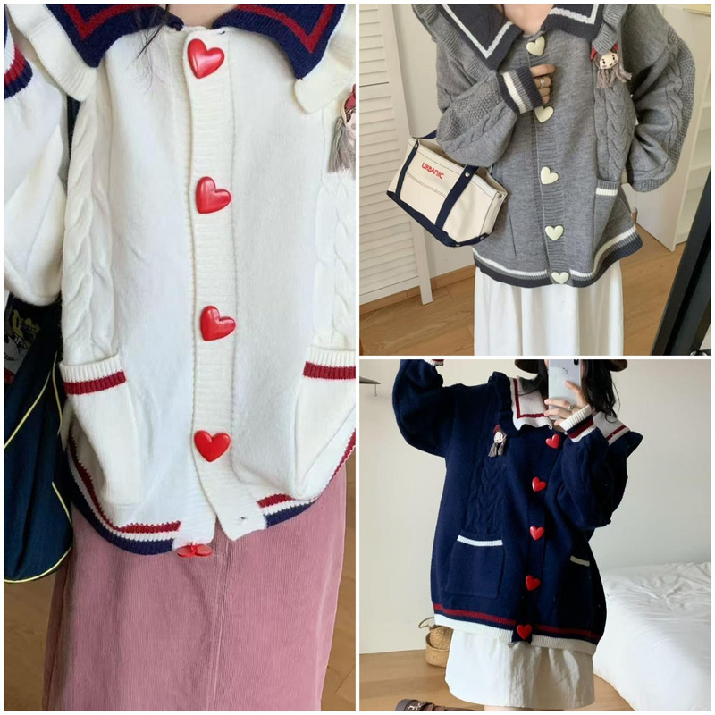 Cross-Border Women's Clothing Foreign Trade Cardigan Knitted Jacket College Style Navy Collar Knitted Cardigan Girl Sweet Versatile Jacket