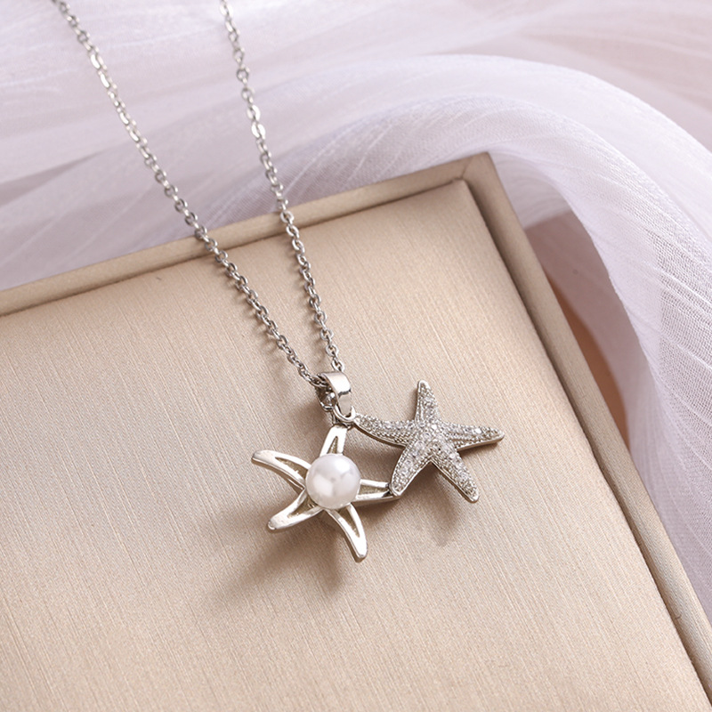 304 Stainless Steel Chain Material cable chain Chain Type 1 Piece Quantity Wholesale Jewelry Casual Beach Starfish 304 Stainless Steel Pearl Zircon Plating Inlay Pendant Necklace