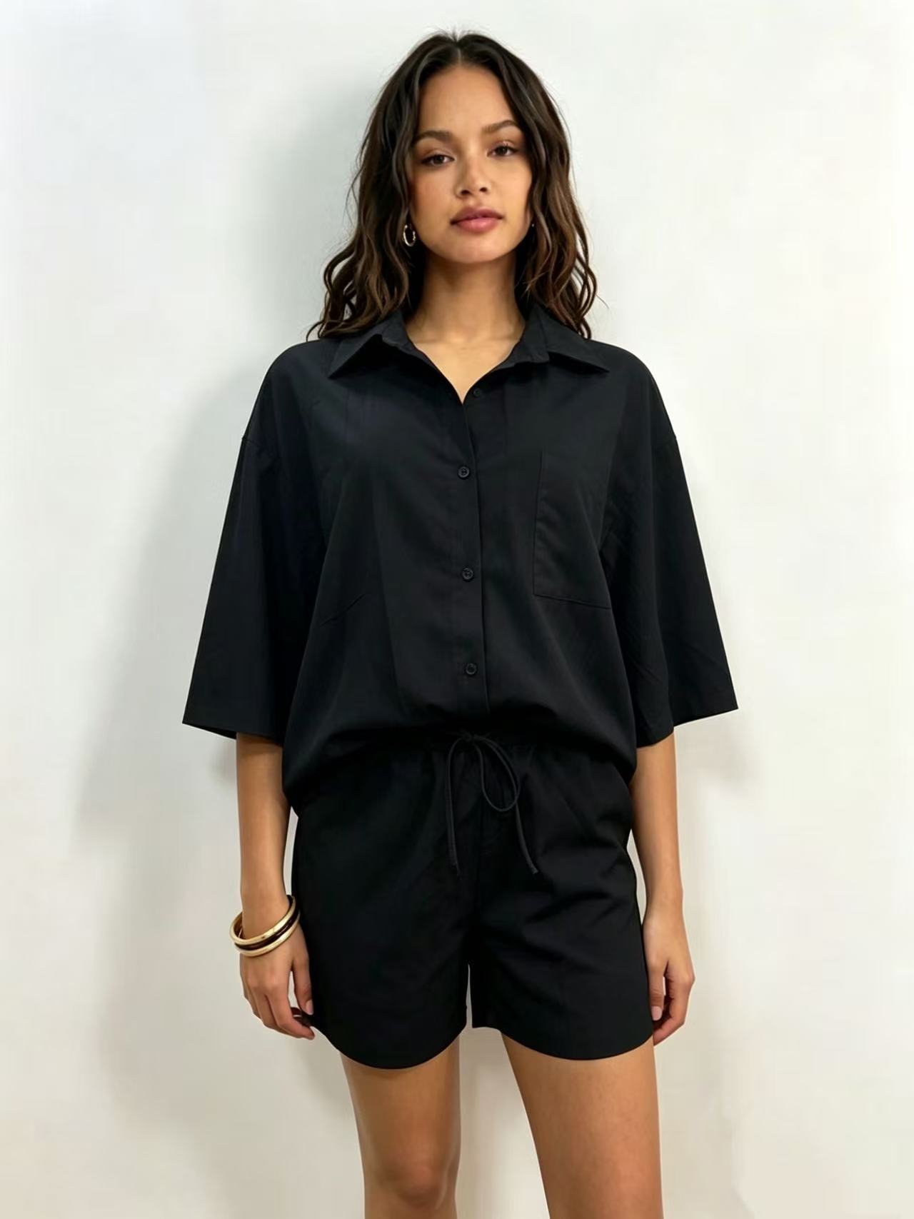 Women's Multi Color Collared Loose Fitting Shirt And Shorts Set Casual Solid Color Everyday Commuter Fashion_ecoleips.com