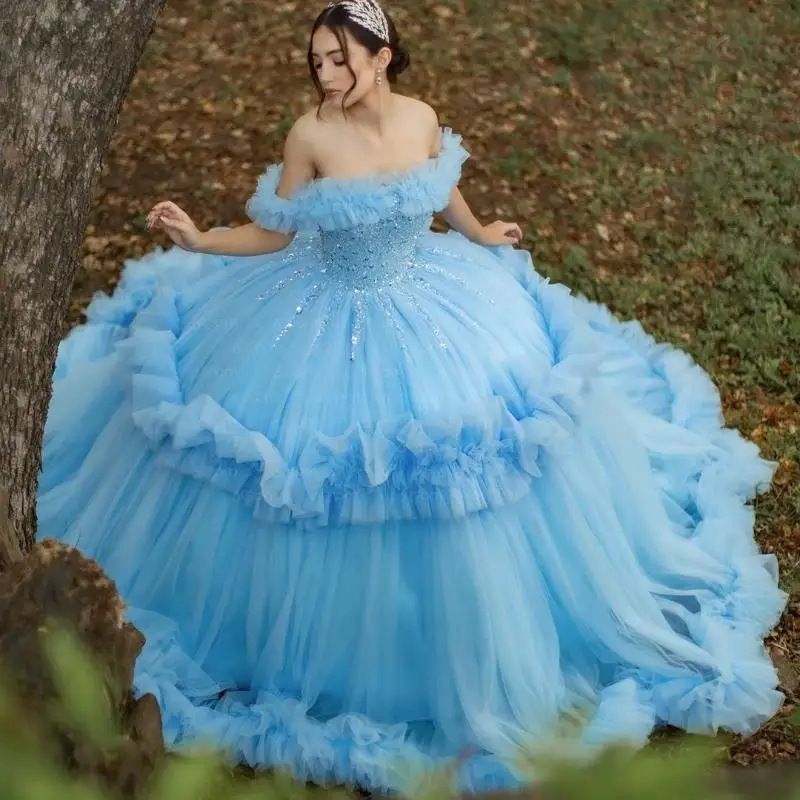 Vestido de boda azul ligero, vestido de noche de hombro, vestido de princesa de fiesta de cumpleaños, temperamento de alta calidad, vestido largo