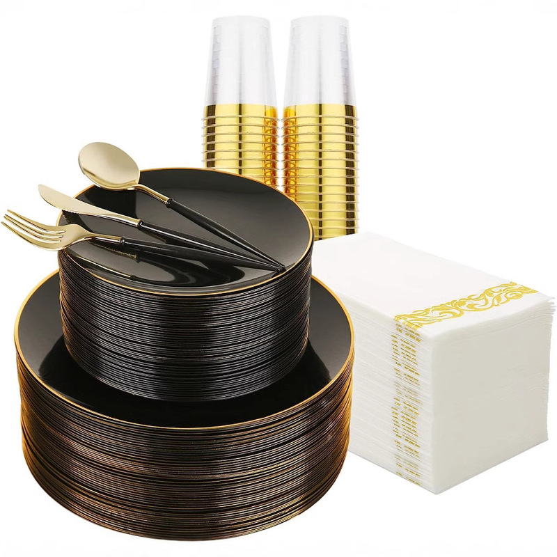 175-Piece Disposable Dinner Plate Set, Black Gold-Rimmed Plate, Double-Section Knife, Fork, Spoon, Wine Glass, White Gold-Rimmed Dinner Plate Set