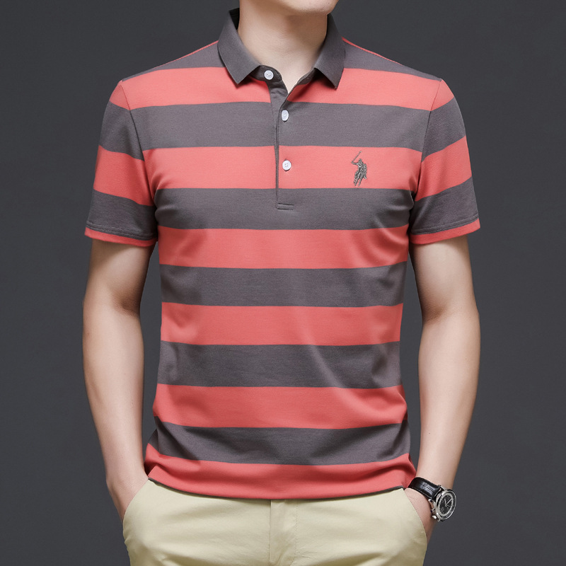 2021 Spring and summer new pattern Short sleeved men's wear Lapel business affairs man T-shirt Pearl cotton pure cotton stripe leisure time Middle and old age