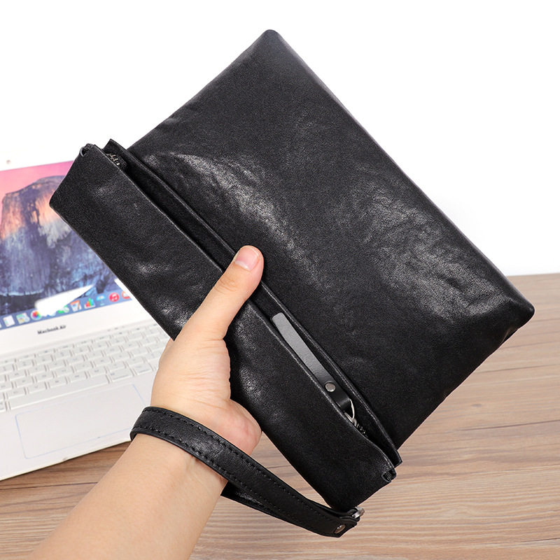 Túi đeo chéo nam da bò thuộc da thật kiểu thể thao, túi cầm tay nhỏ gọn 29×11×17 cm — Màu đen
