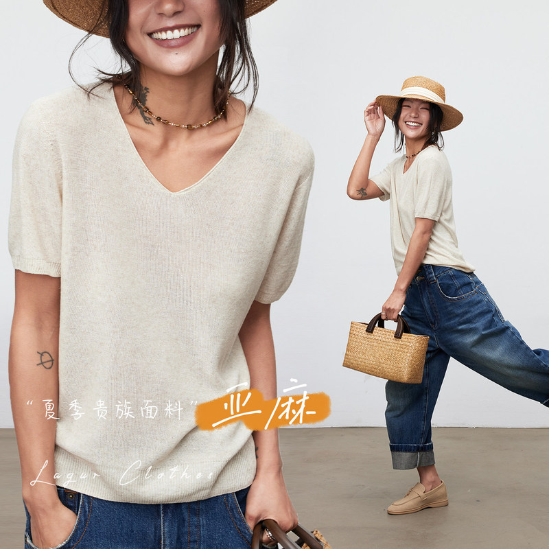 Seamless one-piece <Noble 52-count linen> knitted short-sleeve V-neck slimming loose top thin T-shirt for women summer Seamless one-piece <Noble 52-count linen> knitted short-sleeve V-neck slimming loose top thin T-shirt for women summer