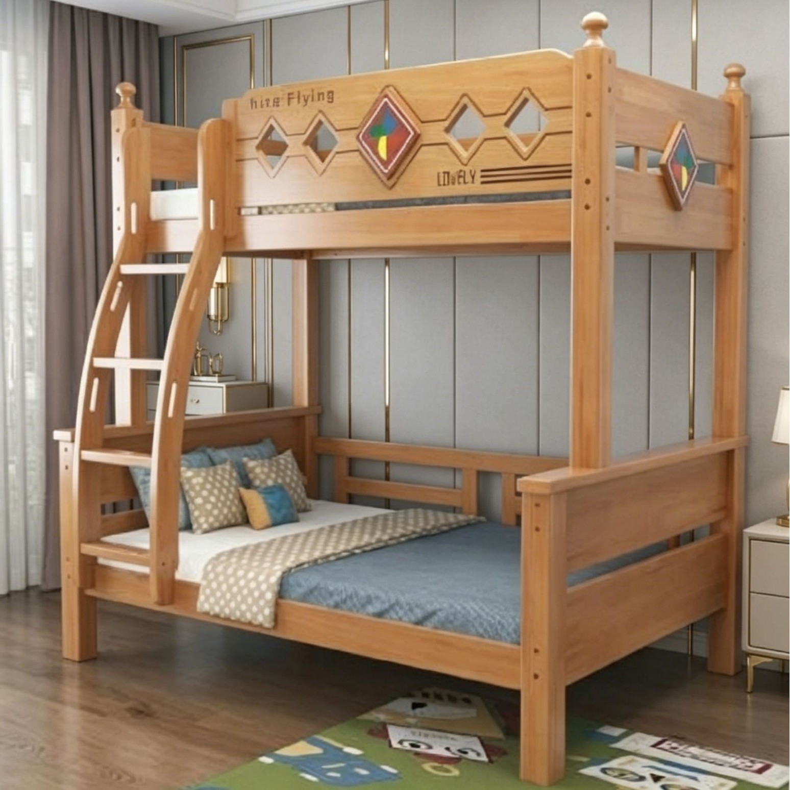 Xmf1108 Windmill # Pink + White American-Style Aristocratic Children's Bunk Bed, Double-Layer High-Low Bed, Girl's Princess Bed with Slide.