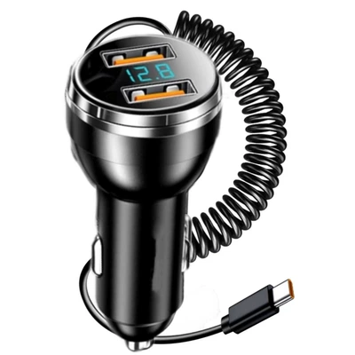 Coiled cable car charger with digital display, 100W super fast charging, one-to-five car cigarette lighter adapter manufacturer (Mobil şarj cihazları) - single-c-spring-cable-dual-usb31a-opp-bag