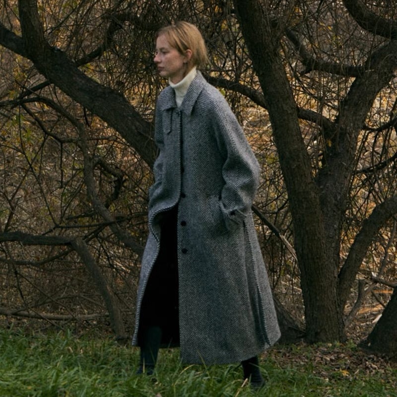 Mina Herringbone Wool Coat Women's Autumn and Winter Long Loose Design Warm Woolen Coat