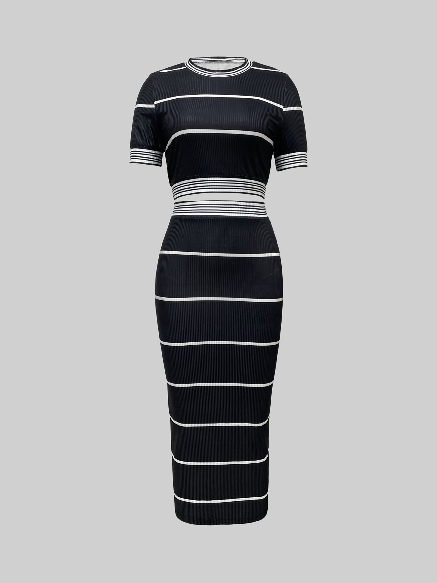 Women's Elegant Retro Short Ribbed Bodycon Skirt Set High End Sexy Short Sleeved Top Bottom Ensemble For Summer_ecoleips.com